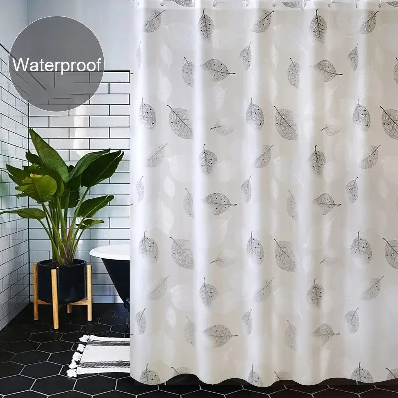 Bathroom Shower Curtains PEVA Waterproof Thickening Bath Curtain With Hooks Rustproof Metal Grommets Leaf Pattern Shower Curtain image 2