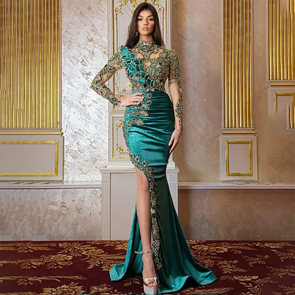 

2023 Plus Size Mermaid Arabic Green Prom Dresses Beaded Crystals Lace Evening Formal Party Second Reception Birth