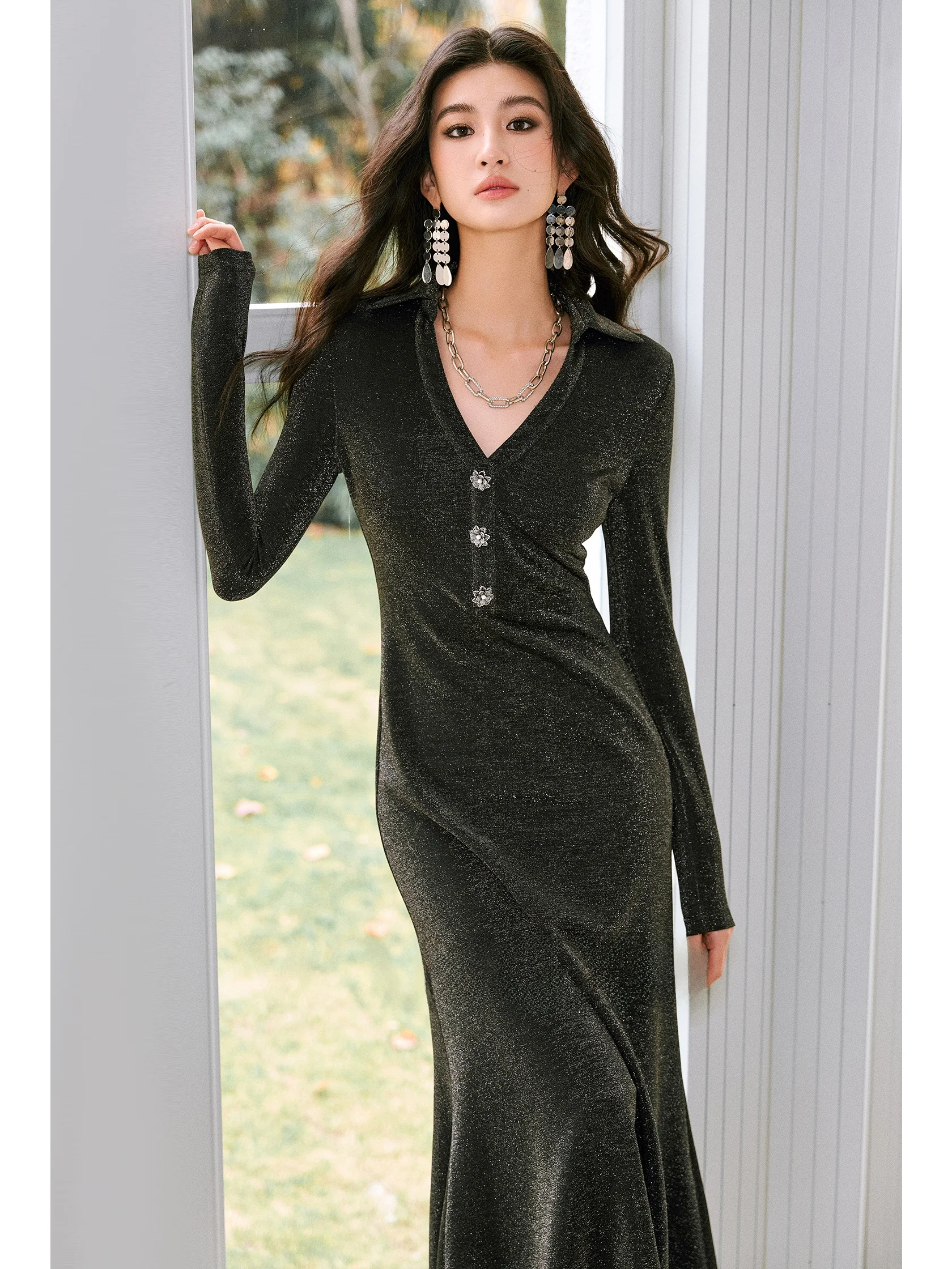 

WANGXO Luxury iny Silver Tead Fi Tail Dr V-Ne Pearl Button Slim Fit Curves Ci Commute Long Sve Winter Ladies ...