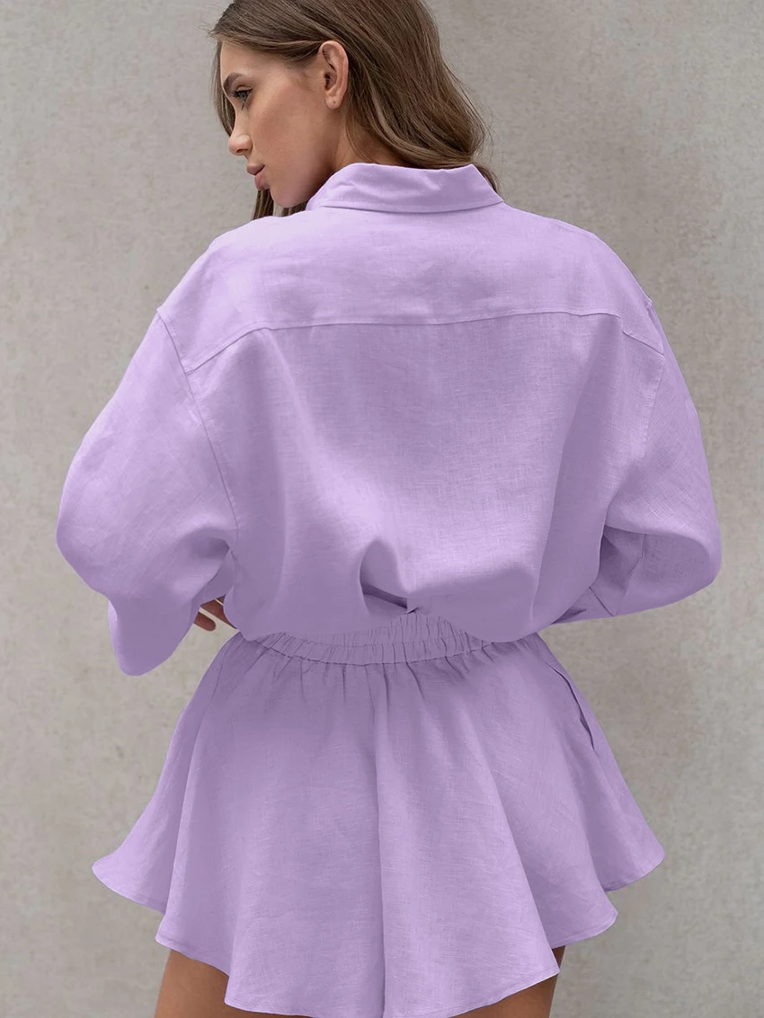 Marthaqiqi Winter Women Pajamas 2 Piece Set Turn-Down Collar Sleepwear Long Sleeve Nightgown Shorts Causal Ladies Nightwear Suit