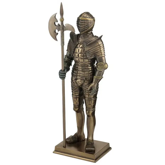 Medieval Armored Knight Resin Statue Full Body Warrior with Halberd Bronze Finish Vintage Home Tabletop Decorative Ornament Gift