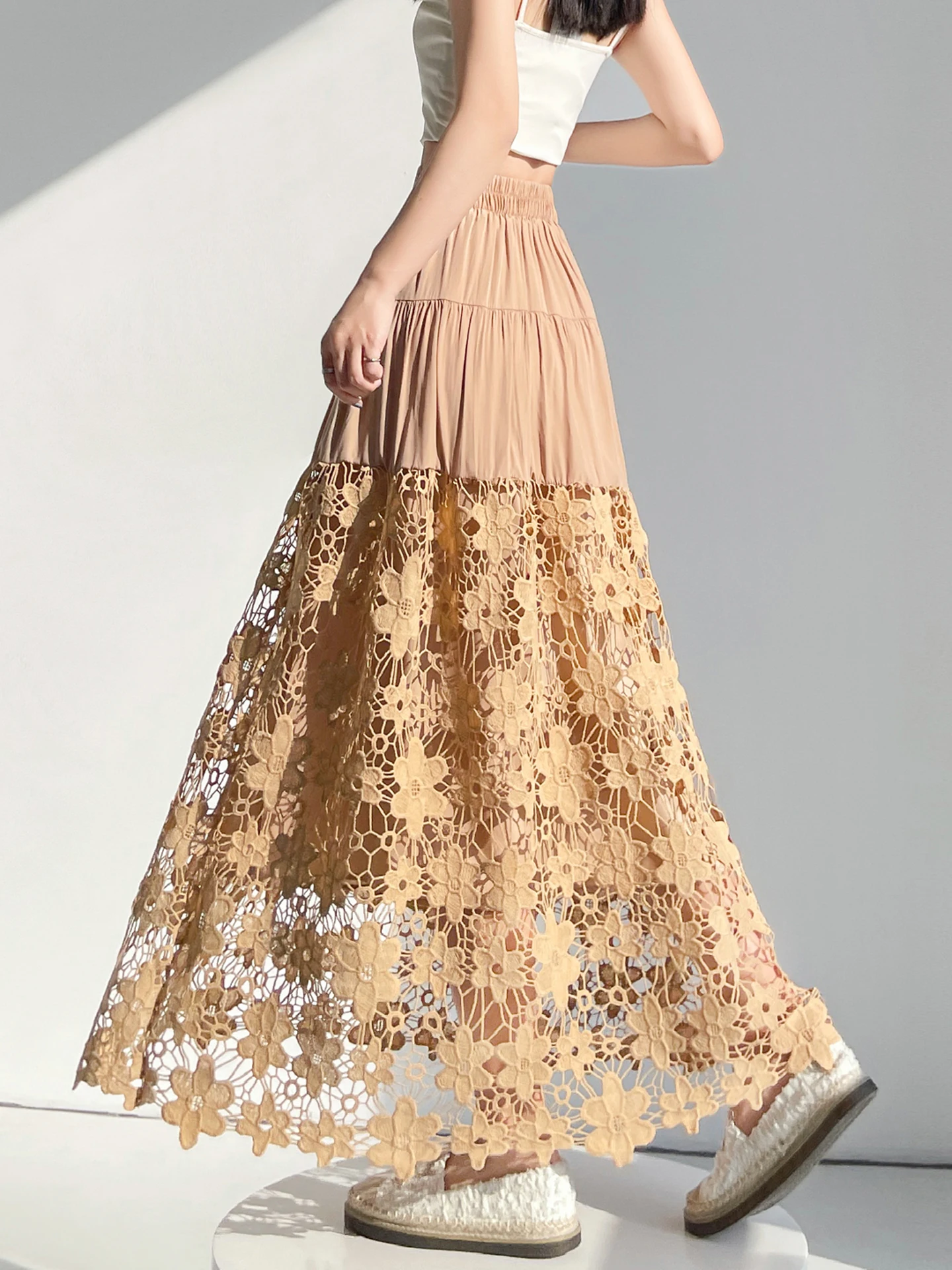 

Elegant Embroidered Heavy Work Pleated High Waist A-Line Skirt Women's Spring Autumn Long Midi Skirt Slimming Hip Covering