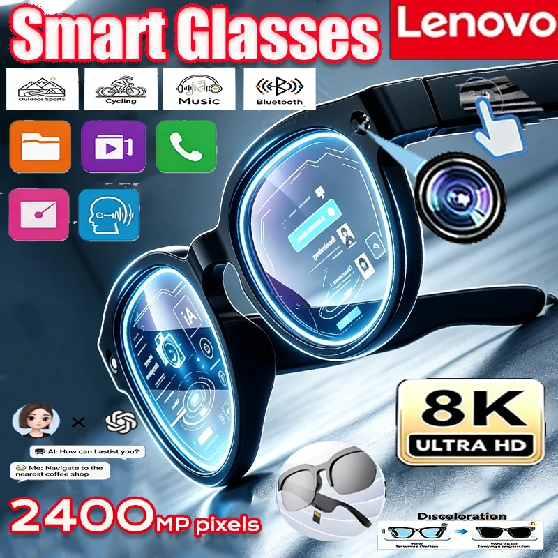 Lunettes intelligentes Lenovo 8K avec IA, 2400MP, traduction, conversation Bluetooth, enregistrement, lecture de musique, lecture de cartes, lunettes de soleil intelligentes