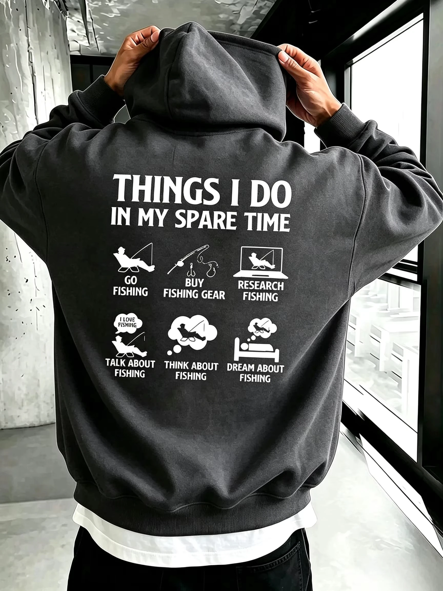 2026 New Funny Oversized Unisex Streetwear Hoodie Things I Do In My Spare Time Fishing Graphic Print Hooded Sweatshirt Pullover