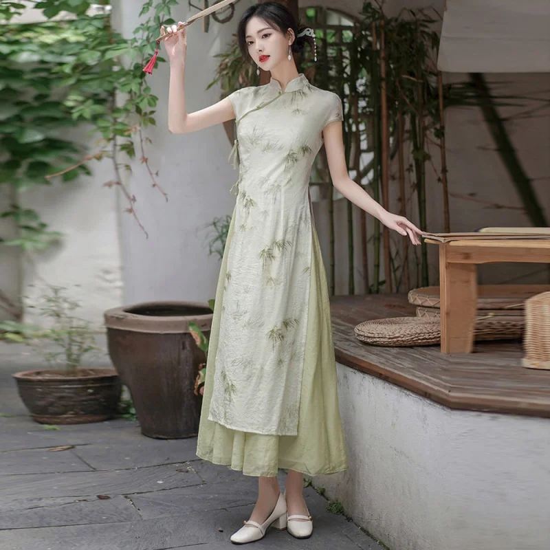 2023 chinese dress traditional vintage qipao dress women Linen dress flower print chiffon qipao cheongsam elegant party dress