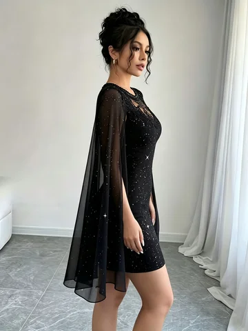 Women Party Dress Women Black Glitter Bodycon Mini Dress Lace Crew Neck Sheer Cape Sleeve Slim Party Club Evening Cocktail Short Dress