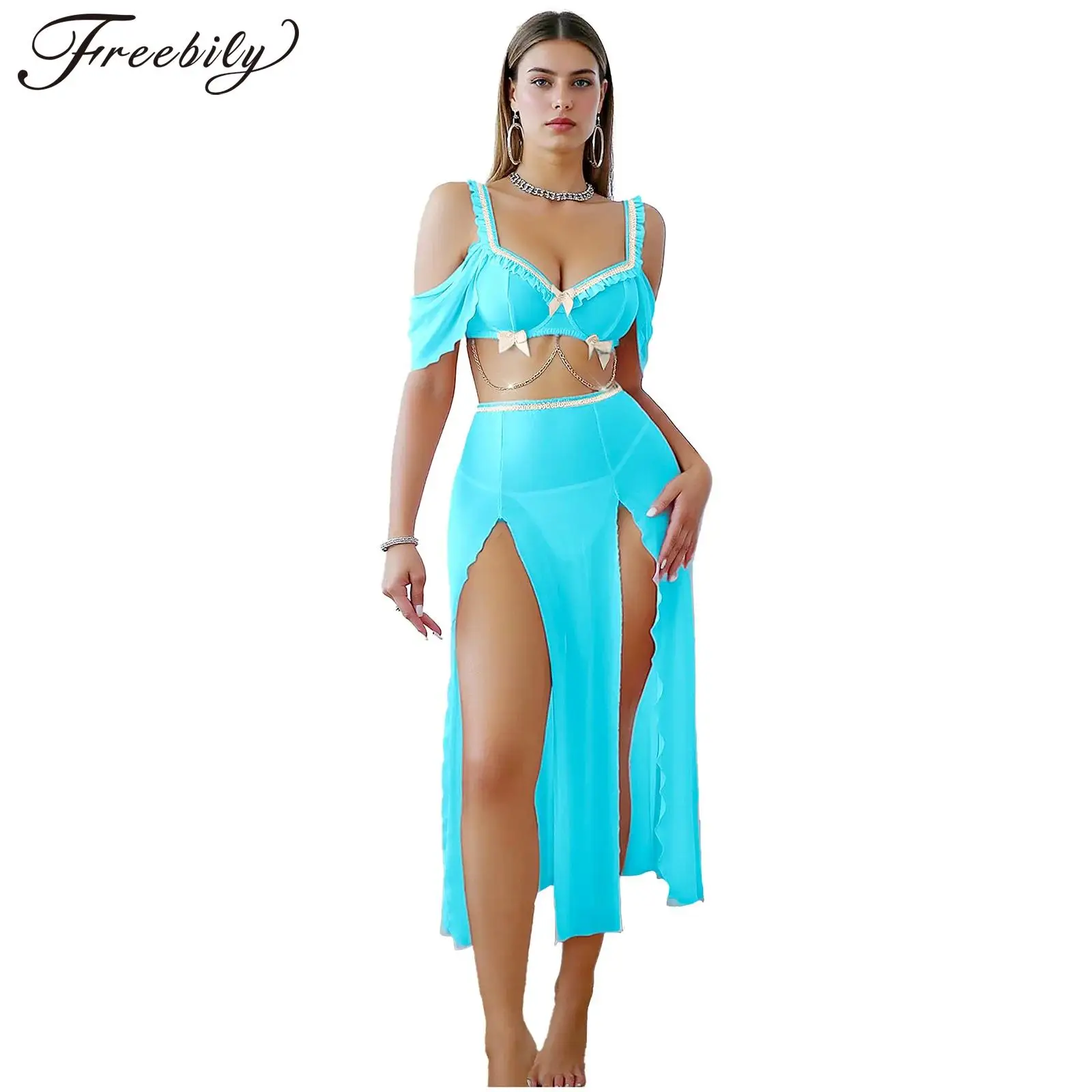 

Женский костюм для танца живота, костюм арабской принцессы, 3-х предметный сетчатый бюстгальтер и прозрачные юбки с разрезом по бокам, короткий комплект, забавная экзотическая клубная одежда