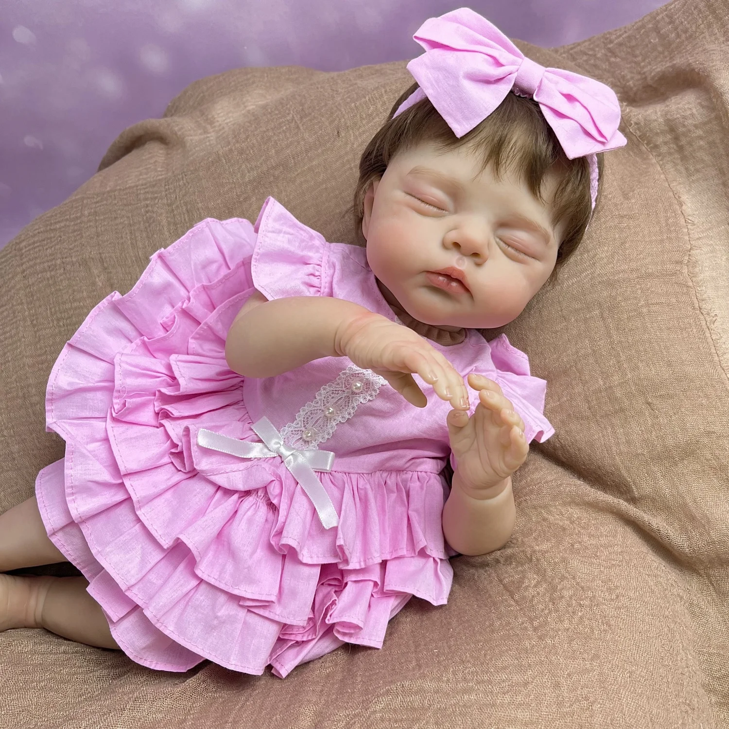 

Cloth Body 48 CM 3D-Paint With Visible Veins Reborn Baby Asleep Doll Toy Wear Pink Dress Lifelike Collectable Birthday Gift
