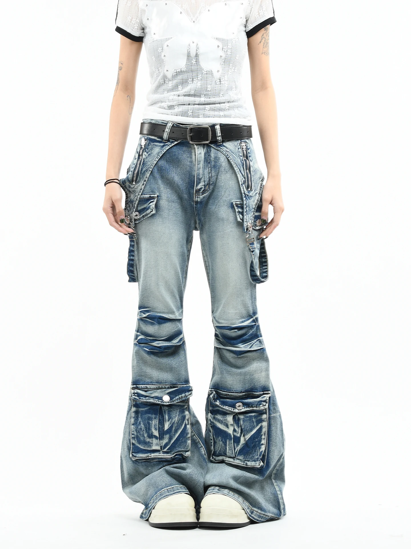 

OV Original American Punk Multi Pocket Washed Workwear Jeans Women Slimming Low Waist Bell Bottoms Casual Blue Denim