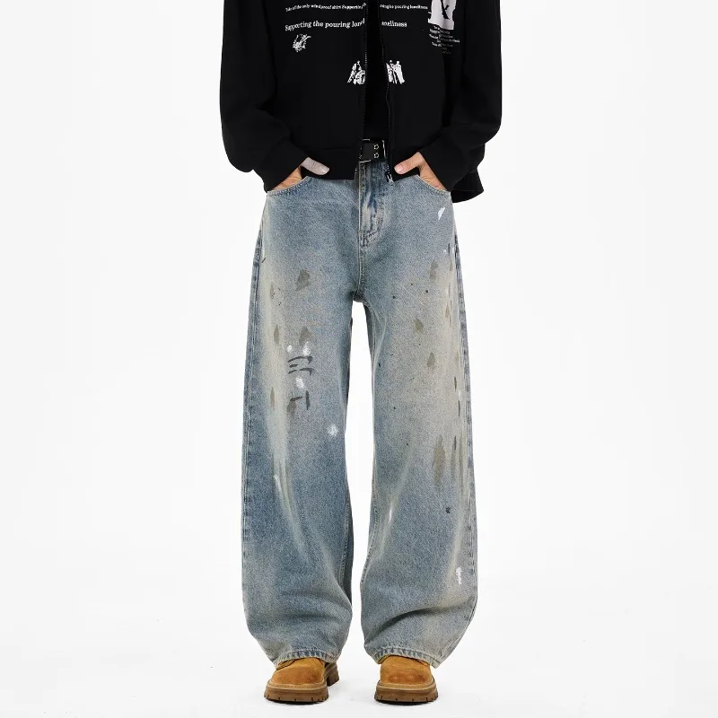

Niche Design Mens Jeans Splash-ink Contrast Color American Style Loose Straight Wide Leg Casual Male Denim Pants 2026 Spring New