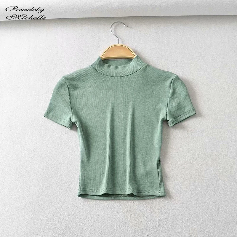 Bradely Michelle Fashion Sexy Summer Woman Slim Fit T-shirt Tight Cotton Short-Sleeve Turtleneck Tee Crop Tops