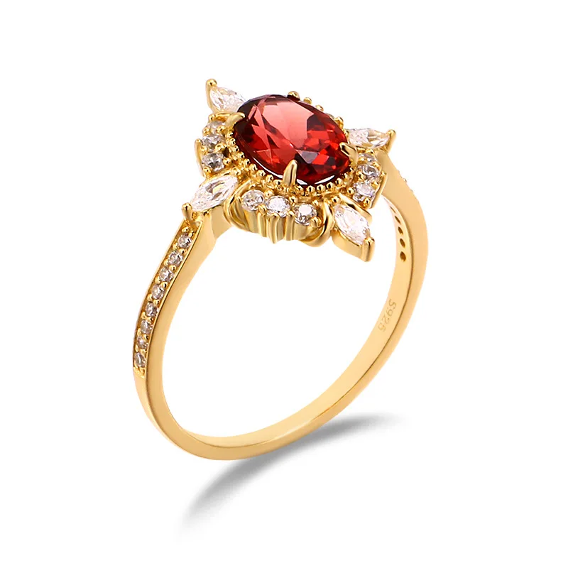 Cincin zirkonia Vintage Garnet wanita, perhiasan tangan geometris cincin kristal perak 925