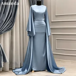 Amanda Muslim Modest Long Sleeves Prom Dresses Mermaid Satin Vestidos De Fiesta Detachable Train Customized Formal Evening