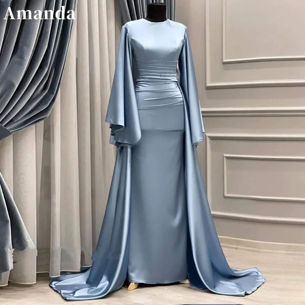 Amanda Muslim Modest Long Sleeves Prom Dresses Mermaid Satin Vestidos De Fiesta Detachable Train Floor-Length Formal Evening