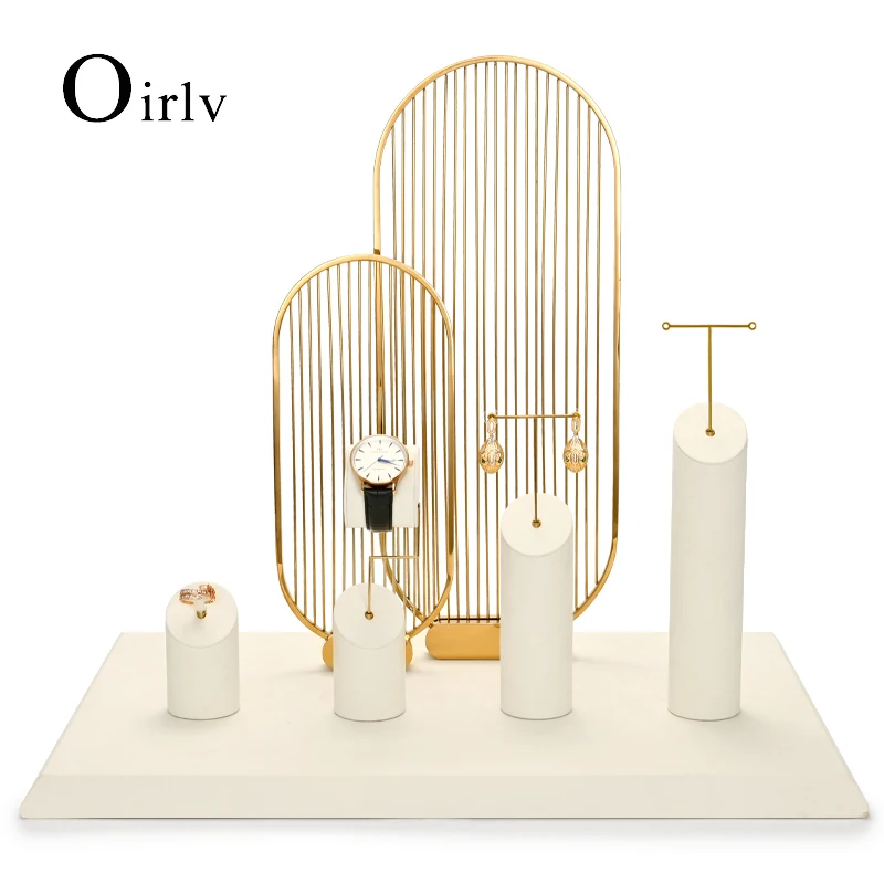 Oirlv Beige Microfiber Jewelry Window Display Set with Metal Background Jewelry Exhibited Props for Watch Necklace Ring Earrings