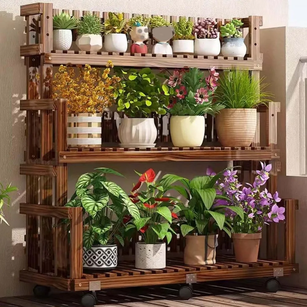 

Полка для растений, комнатная с колесами, 3-х уровневая высокая подставка для растений, деревянные подставки для цветов для нескольких растений, угловой высокий держатель для растений, fo