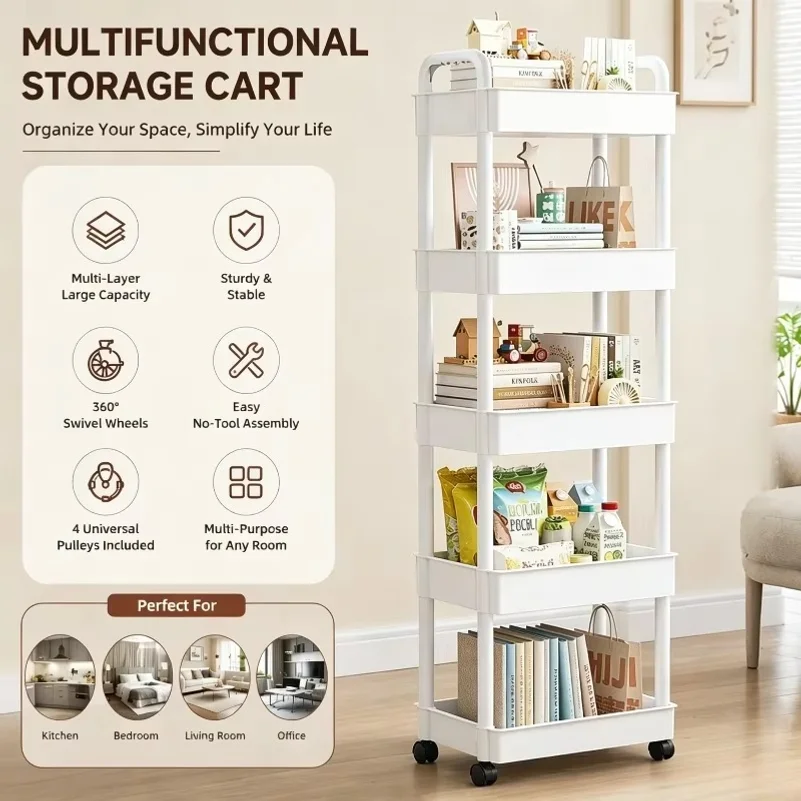 5 Tier Multifunctional Storage Cart  Utility Organizer Rack Space Saving Floor Shelf With Wheels For Kitchen Bedroom Living Room