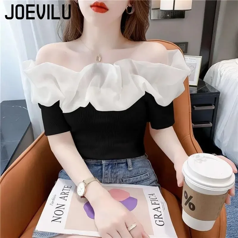 Off Shoulder Top Sexy Exposed Clavicle Ruffled Short Sleeve T-shirt Female Summer Chic Elegant Blouses Niche Fairy Kawaii Tops