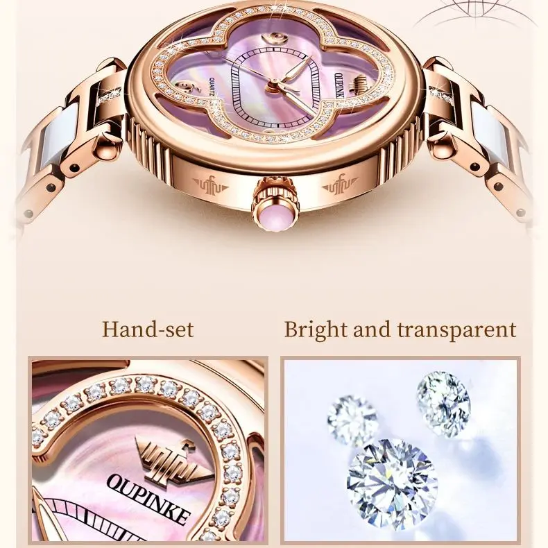 OUPINKE Elegant Watch for Ladies Lucky Grass Diamond Watch Ceramic Stainless steel Strap Waterproof Women\'s Watches Set Gift NEW