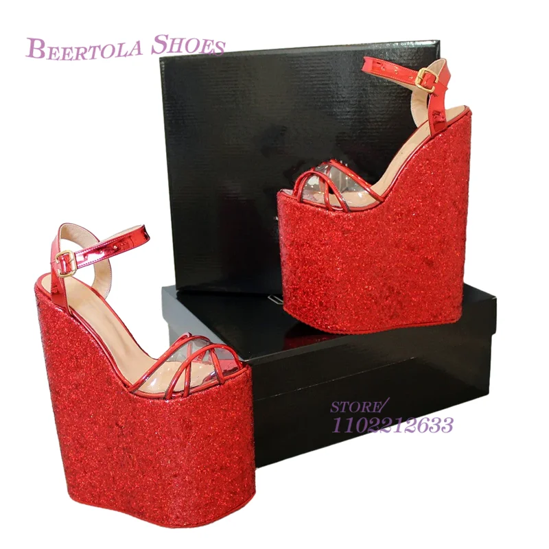 Red Sequins 23Cm Wedge Sandals Woman Platform Pole Dance Heels Golden Round Buckle Slingback Slippers Black Leather Dress Shoes