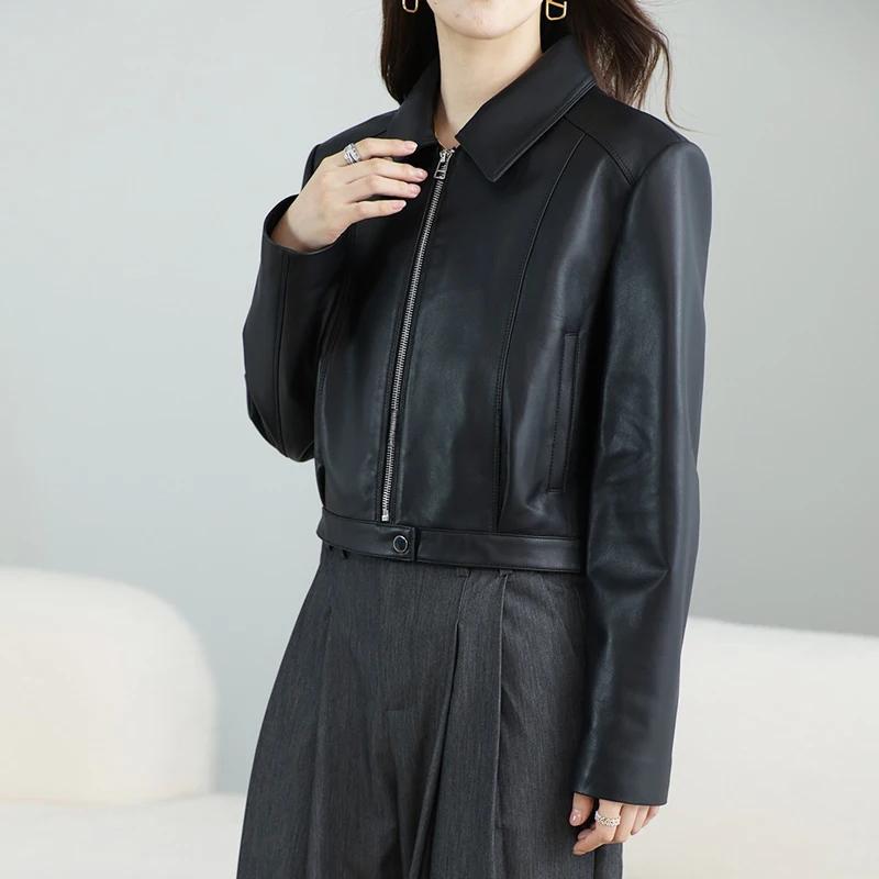 Vestes courtes classiques noires en cuir véritable pour femmes, veste de moto à fermeture éclair Simple, manteaux en peau de mouton véritable, coupe cintrée, 2025