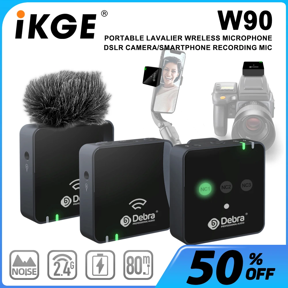 

W90 2.4G wireless lavalier microphone, 80m distance, 3-level noise reduction, suitable for DSLR cameras, cell phone shooting