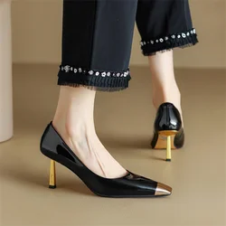 Hot French Style High Heel Women Pumps Autumn Brown Black Flock Sexy Metal Square Toe Ladies Office Shoes Stiletto Shallow Party