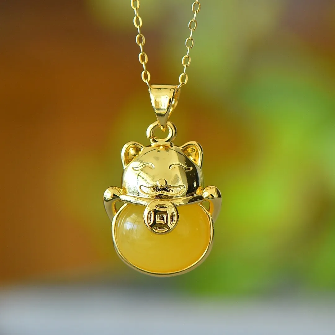 Natural Amber Necklace Women Healing Gemstone Fine Jewelry Genuine Baltic Amber Good Lucky Cats Pendant Necklaces Ladies Gifts