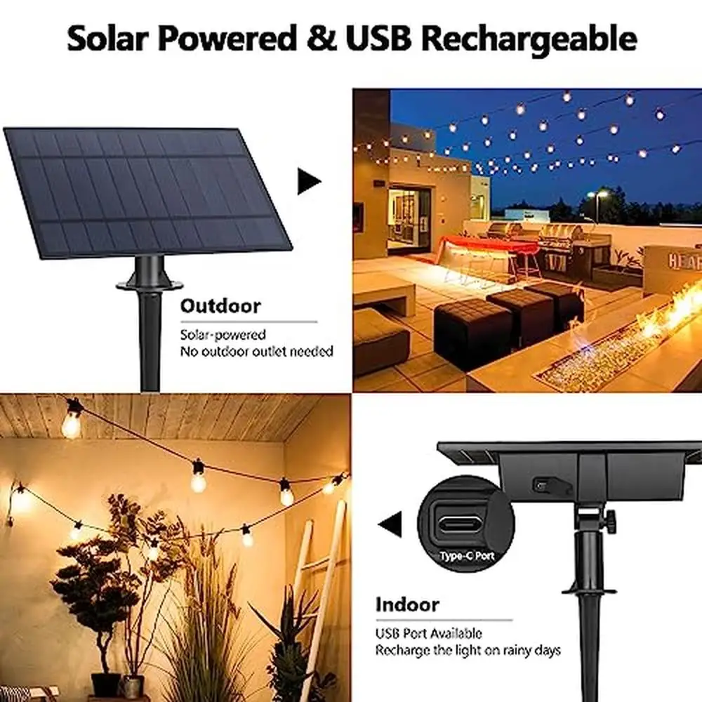 100FT Solar String Lights Outdoor Remote Controller Waterproof LED Edison Bulbs Dimmable Timer Function Solar USB Rechargeable