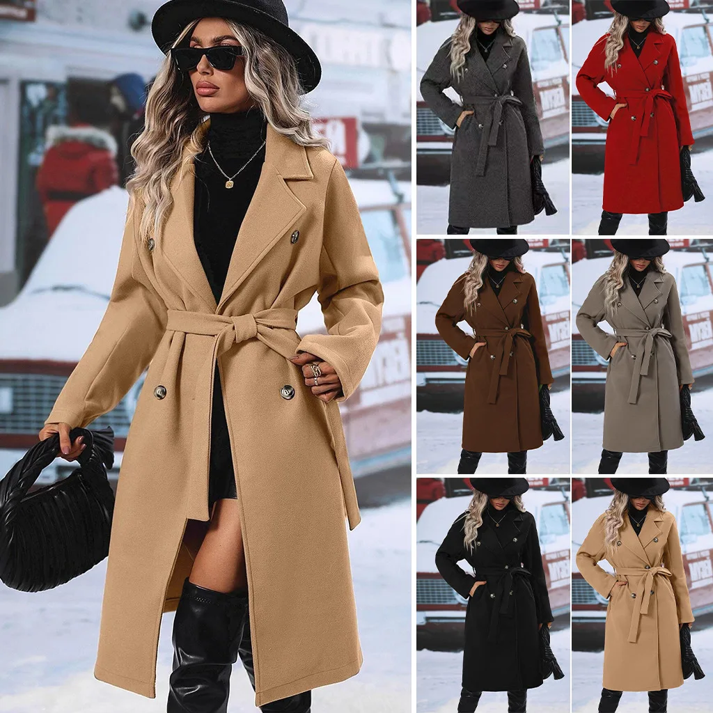 

2025 Autumn and Winter European and American New Woolen Double-breasted Lace-up Woolen Coat Jacket Women
