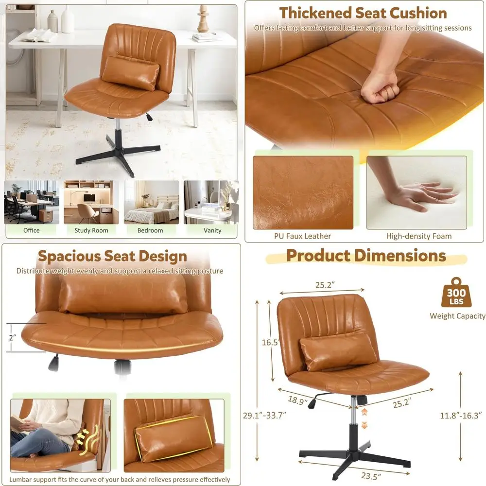 

Swivel Office Chair with Adjustable Height, Lumbar Support, and Wide Seat for Home and Office Use (PU Brown)