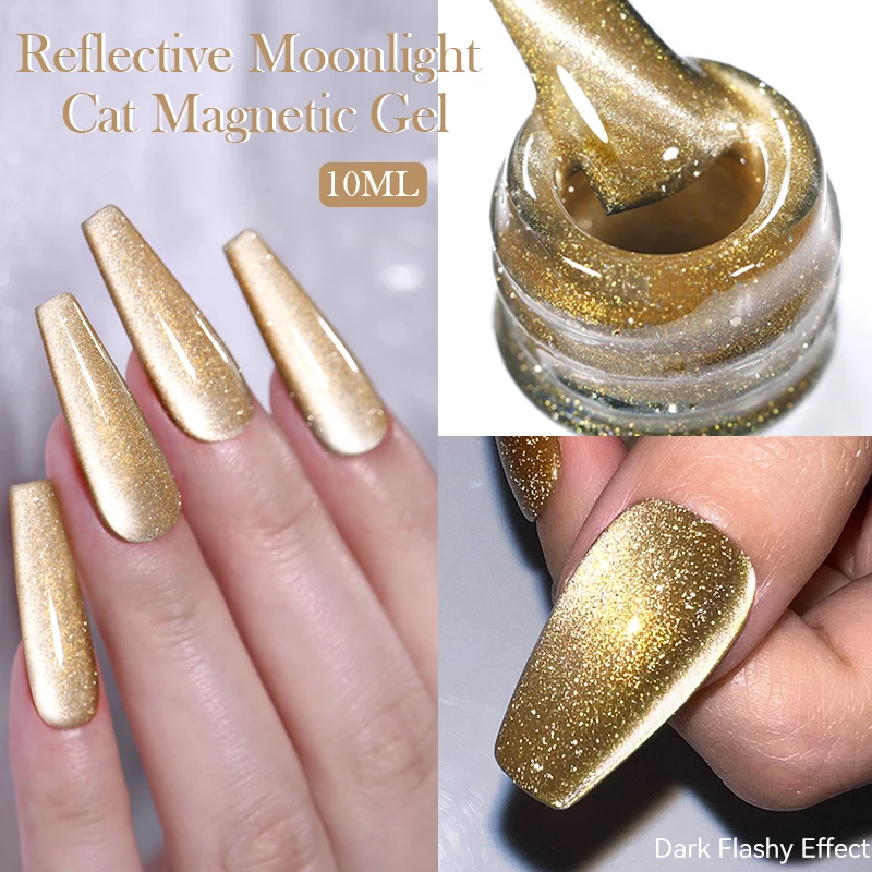 

BORN PRETTY Gold Reflective Moonlight Gel Nail Polish Cat Magnetic Aurora Spar Glitter Semi-Permanant Varnish Nail Art Magnetic