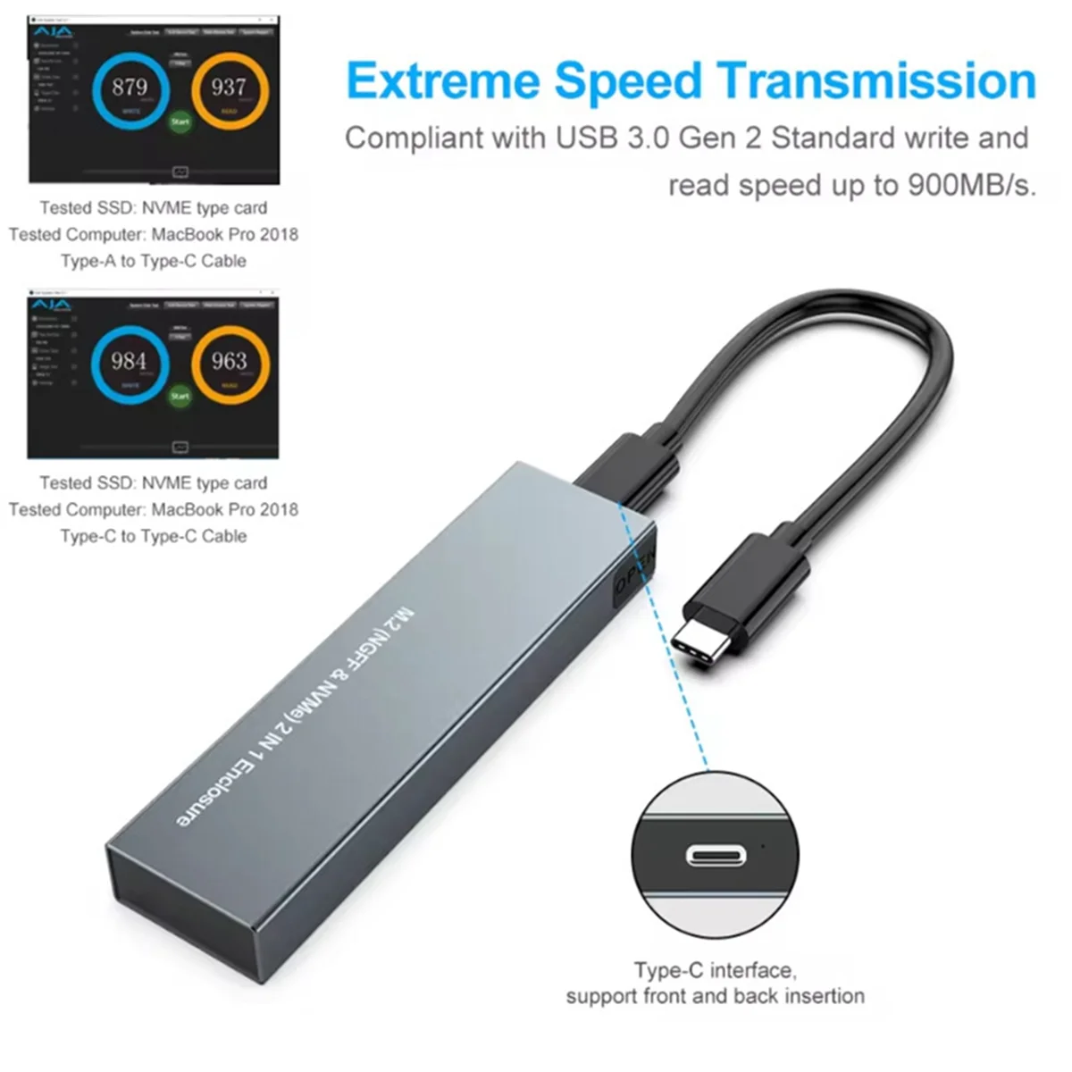 NEUES Dual Protocol M.2 NVMe SSD-Festplattengehäuse 10 Gbit/s USB3.1 Gen2 NVMe-Gehäuse, M2 SATA SSD-Gehäuse für 2230/2242/2260/2280 B