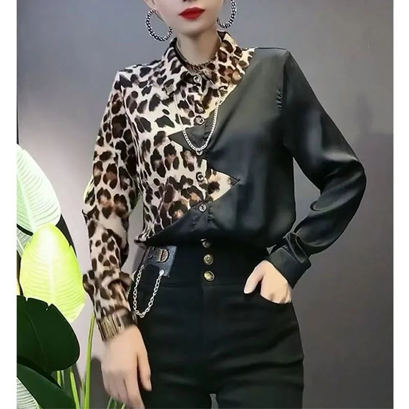 2024 Women\'s New Spring Autumn Polo-Neck Button Long Sleeve Fashion Slim Versatile Leopard Print Patchwork Commuter Shirt Tops