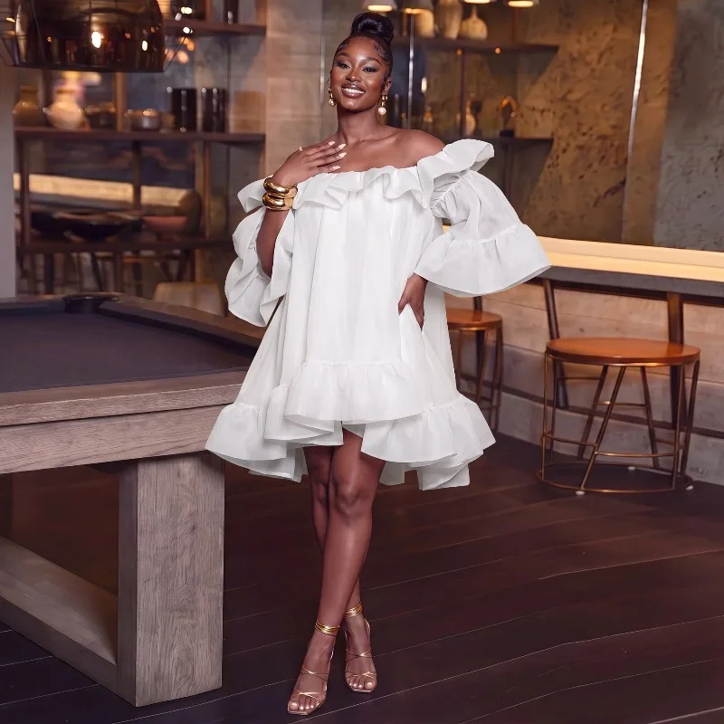 Off Shoulder Ruffle Flare Sleeve Babydoll Mini Dress Loose Casual Outfit For Women Summer