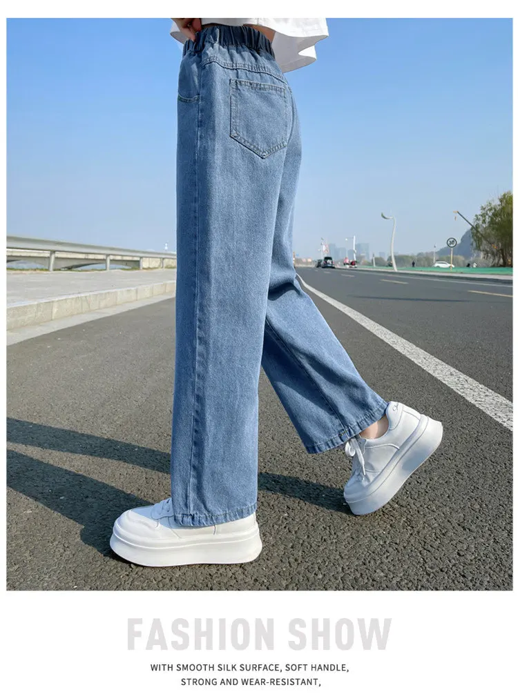 2027 Lässige Jeans für Mädchen, Teenagerkleidung, elastische High-Waist-Denim-Hose mit weitem Bein, Frühlings-Modelle für ältere Kinder, gerade Hose, 5-14 Jahre – Detail 4