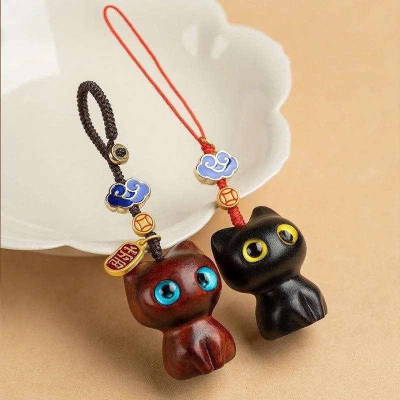 Cute Ebony Wood Kitten Pendant Backpack Hanging Ornaments Handmade Wooden Cat Jewelry Charm Unique DIY Animal Home Decoration