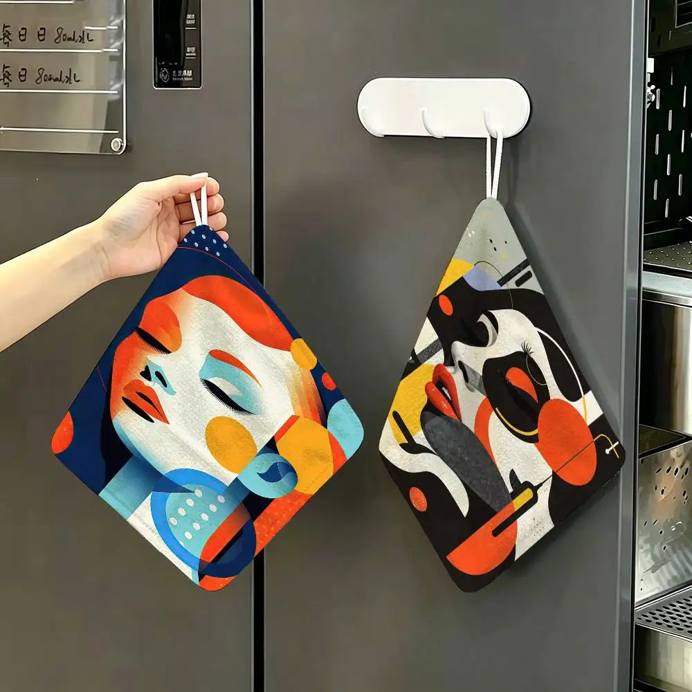 Vintage Abstract Female Portrait Hanging Kitchen Towel, Polyester Cotton Material, Wear Resistant Hand Wiping Towel for Home