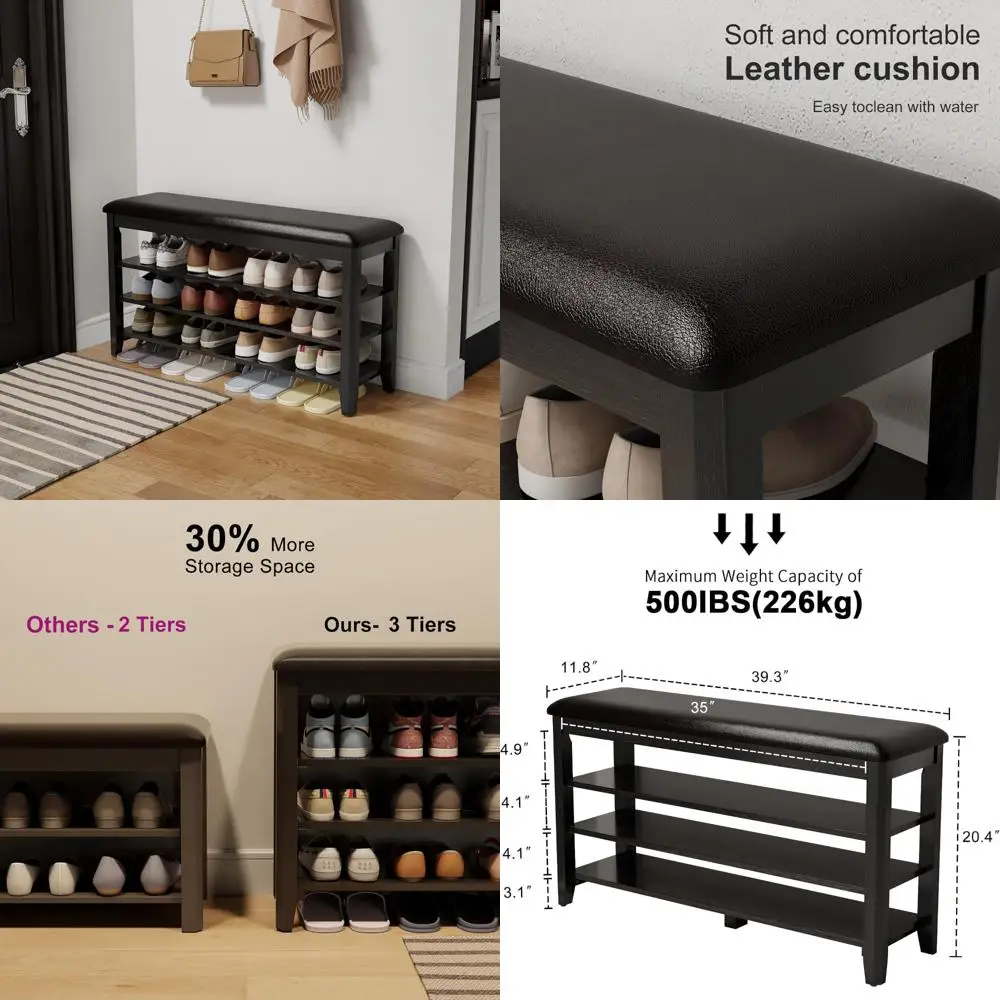 

Walnut 3-Tier Adjustable Height Leather Cushion Shoe Bench for Entryway and Mudroom Storage