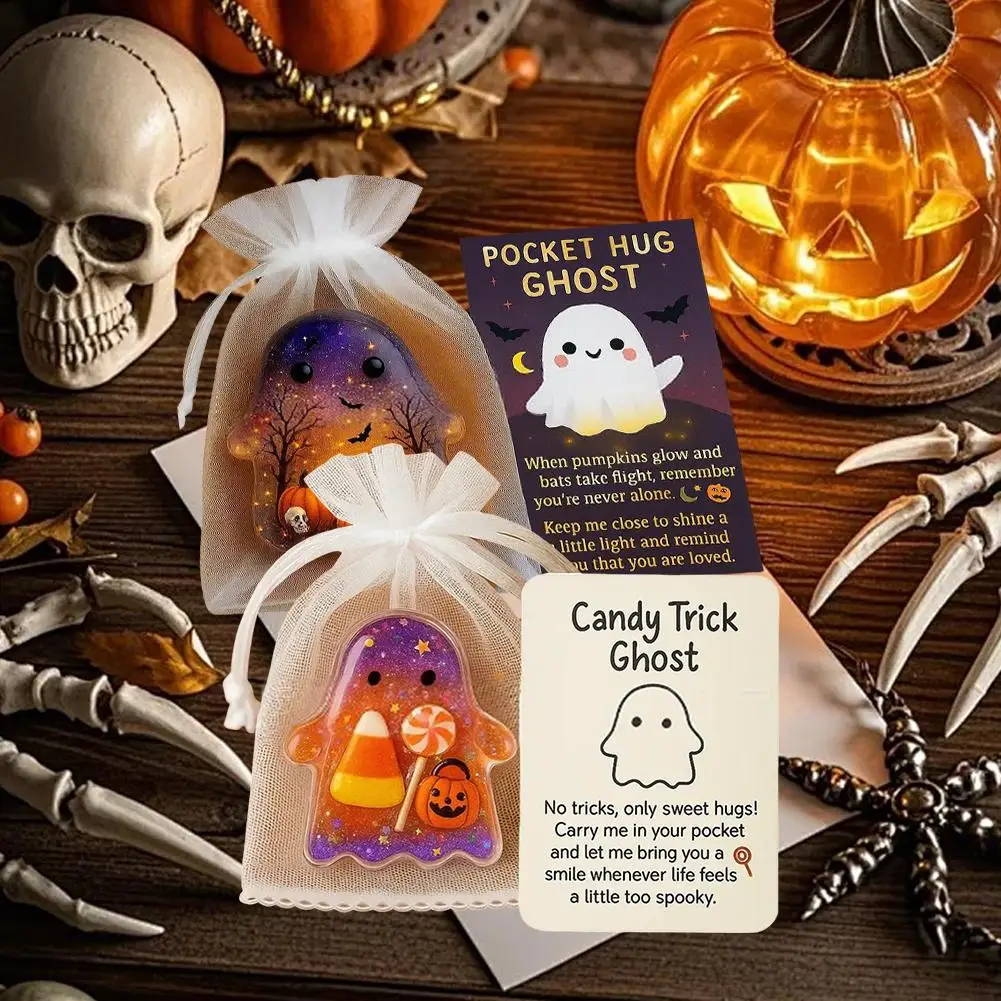 Tarjetas de bolsillo de fantasma de Halloween, bolsillos, abrazo de fantasma con tarjeta de aliento, Mini regalos bonitos con dijes para niños, familia y amigos