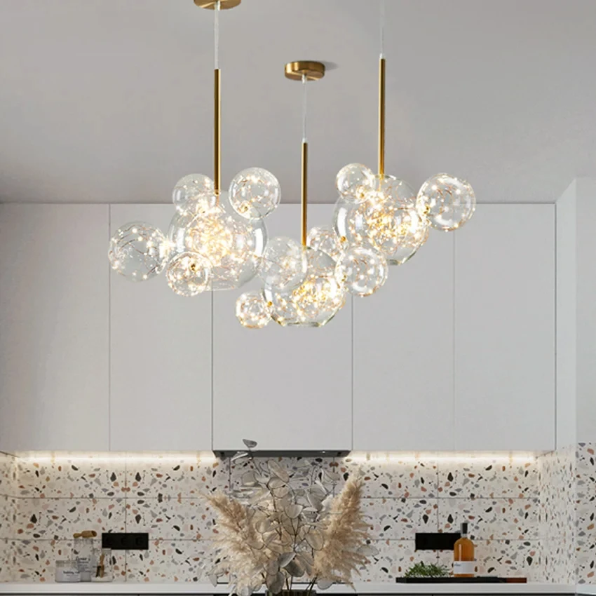 Modern Spheres LED Glass Chandelier Bubbles Ball Gold Pendant Lighting for Dinning Living Room Kitchen Bar Bedroom Hanging Lamp