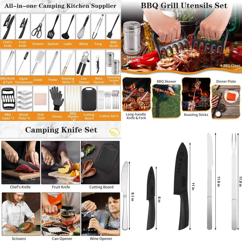 

Портативный набор для кемпинговой кухни на открытом воздухе - посуда и приборы из нержавеющей стали и силикона для автодомов, пикников и гриля, Green Pro