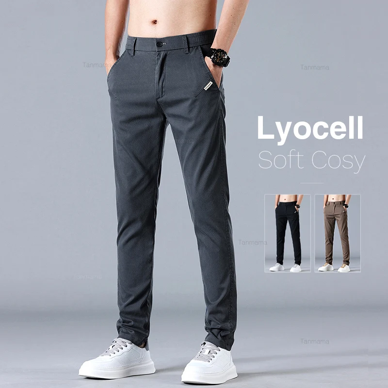 

Men's Lyocell Slim Straight Pants Spring Summer Thin Casual Soft Cosy Ice Silk Trousers Fashion Korean Male Black Gray Coffee