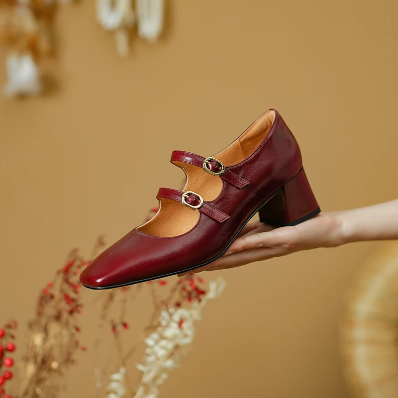 2024 baru Fashion Mary Jane Pumps hak tinggi gesper sepatu pesta pernikahan sepatu kulit asli wanita ujung persegi pompa Prom