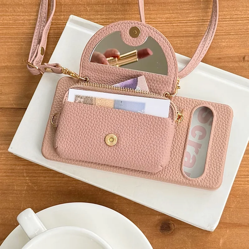 For Sony Xperia 10 V 1 VII VI IV Case Protective Shell Back Cover Fashion Leather Mirror Card Coin Bag Texture With Lanyard