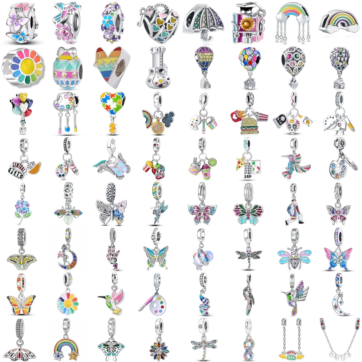 925 Sterling Silver Beads Butterfly Dragonfly Rainbow Hot Air Balloon Paint Palette Hummingbird Umbrella DIY Jewelry Gift
