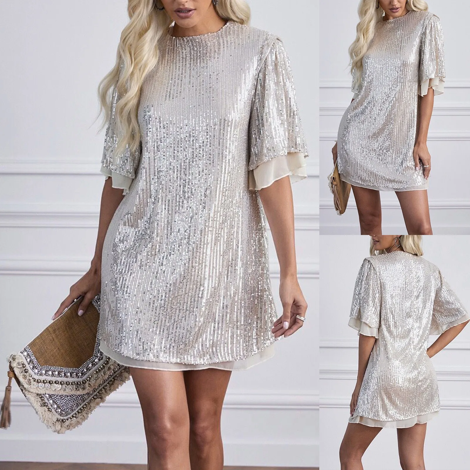 2022 Summer Women Sexy Sequin Dress Short Sleeve Glitter Loose A Line Dress Female Elegant Sparking Party Club Dress Vestidos