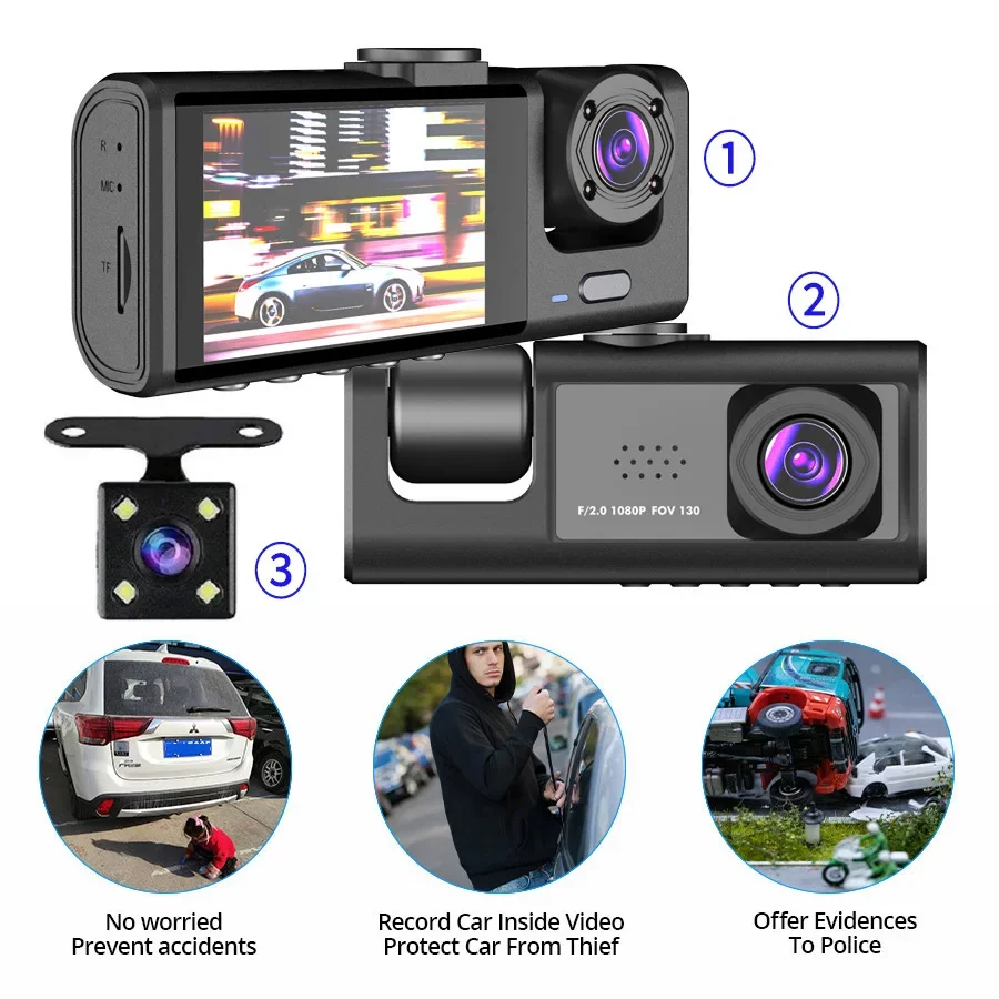 C309 high definition 1080P 2-inch screen driving recorder 3-way three-lens parking monitoring with night vision car DVR