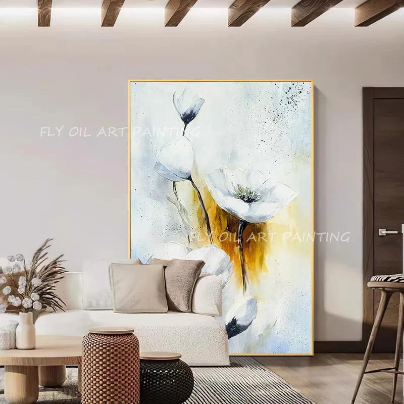 

Large Size 100% Handpainted simple white flower thick nordic Oil Painting On Canvas Paintings Picture Wall Art Cuadros Home Room