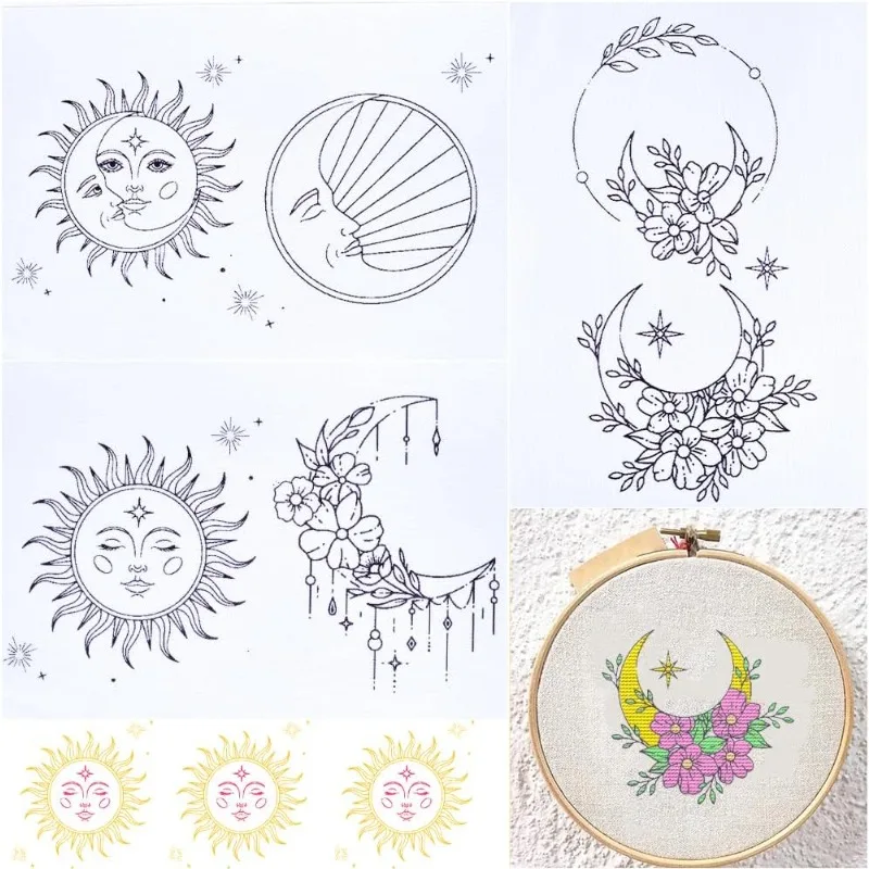 3 Sheets Sun and Moon Water Soluble Embroidery Patterns Stabilizers Hand Sewing Stick and Stitch A4 Transfers Fabric Wash Away